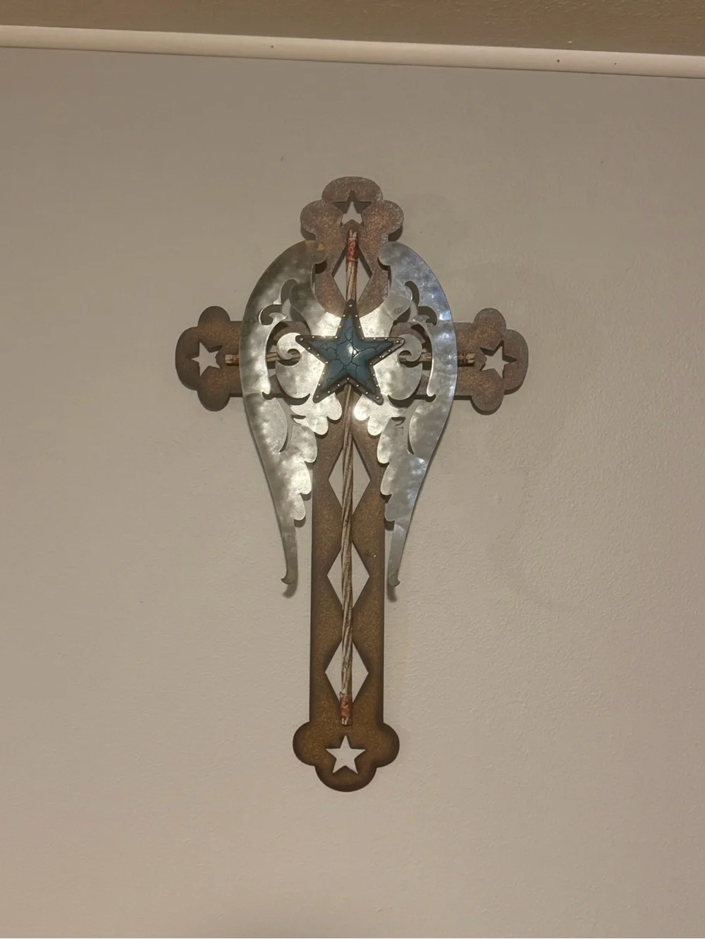 Rustic Metal Angel Wing Cross Wall Decor - Brown and Silver